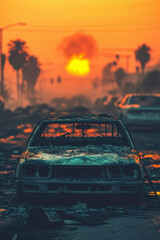 Burnt cars after a city fire, Generative AI