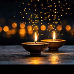 Joyful Radiant Diwali Oil Lamps Illuminate Dark Background in Celebration of Festival of Lights