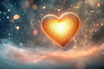 Obraz premium A heart-shaped glow suspended in mid-air, surrounded by soft mist and shimmering particles, soft light streaming from the background