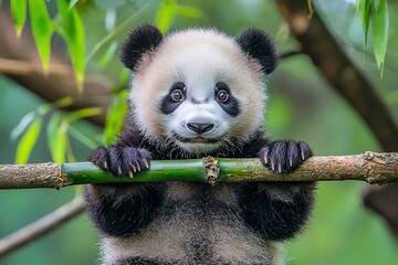 Obraz premium Adorable young panda bear playfully clinging to a bamboo branch in a lush green forest setting