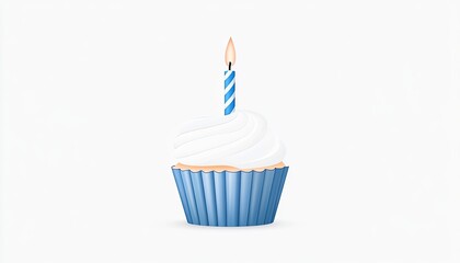 A beautifully decorated cupcake with a blue wrapper and a single lit candle on top, against a plain background