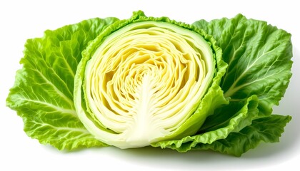 Obraz premium Fresh Cabbage Half Green Leaves and Yellow Heart