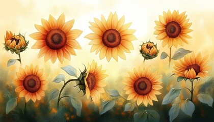 Obraz premium Watercolor Sunflower Illustration Set of Flowers Botanical Art Vintage Floral Design with Soft Pastel Colors