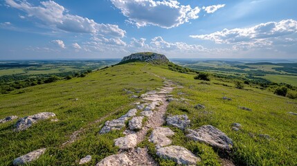 Hilltop path, grassy landscape, summer day, scenic view, travel photography