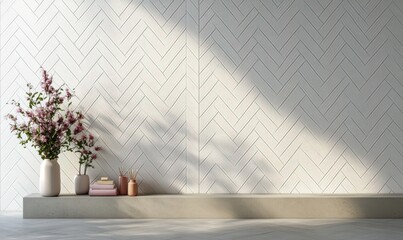 Modern Scandinavian Living Room Design with Herringbone Wall and Pastel Decor