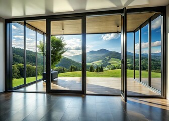 Obraz premium Modern Black Aluminum Swing Doors with Stunning Nature View - Large Windows & Copy Space