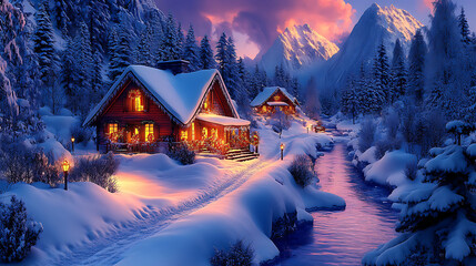 Fototapeta premium Cozy Snow-Covered Cabins Glowing Warmly in Evening Light, Nestled Among Snowy Pines and Mountain Range
