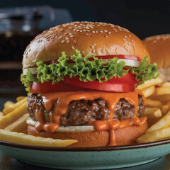 A photo of a gourmet burger with a sesam
