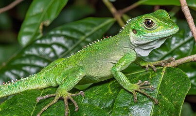 Fototapeta premium Green lizard on leaves in forest