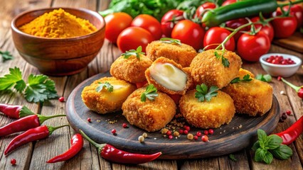 Crunchy fried nuggets filled with melted cheese and chili surrounded by a medley of spices and herbs in a colorful arrangement , restaurant, fried food