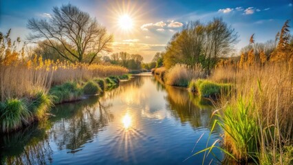 A tranquil scene in Walthamstow Wetlands with sunlight filtering through the reeds on Coppermill Streak Path, creating a sense of serenity and natural beauty , walthamstow wetlands, calm atmosphere
