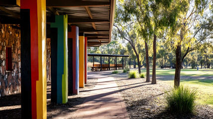 Colorful building columns casting shadows on a sunny day near a peaceful park path : Generative AI
