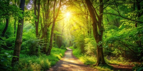 Naklejka premium Forest path winding through dense foliage, sunlight filtering through canopy above, peaceful, nature, peaceful, nature
