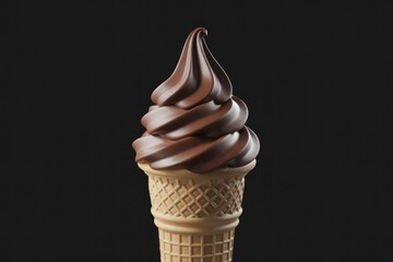 A Single Scoop of Chocolate Soft Serve Ice Cream in a Waffle Cone Against a Plain Black Background