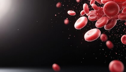 Close-up view of red blood cells floating in a dark background, illustrating human biology and health