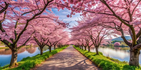 A serene cherry blossom road lined with vibrant pink flowers blooming in unison along the pathway leading to a serene lake in Japan, nature, japan landscape
