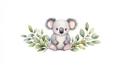Cute watercolor illustration of a koala sitting among green leaves, ideal for children's decor