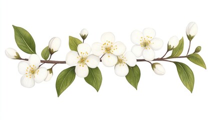 Delicate white blossoms on a branch with green leaves, symbolizing spring and renewal