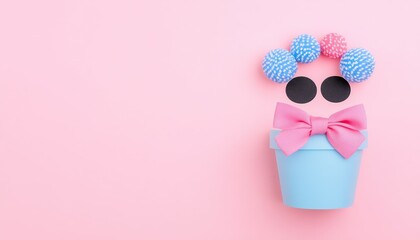 Playful flower pot character with colorful decorations and a bow on a pastel pink background