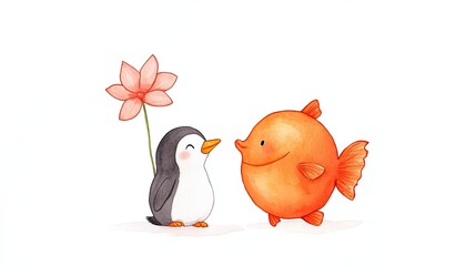 Cute illustration of a penguin and a goldfish sharing a flower in a whimsical, colorful setting