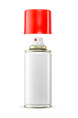 A white, empty aerosol spray dispenser isolated. The red cap is above the bottle, Transparent PNG...