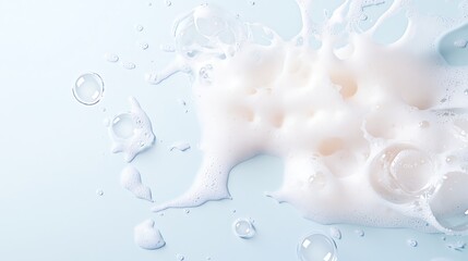 Close-up of milk or cream splashing against a light blue background, capturing fluid motion and texture in a minimalist style.