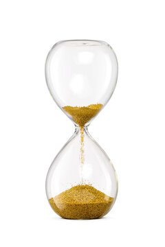 Hourglass with yellow golden sand isolated. Time concept. Transparent PNG image.