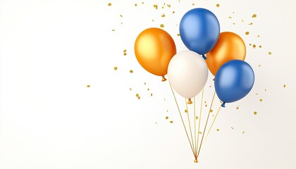 Colorful balloons in shades of blue, orange, and white floating against a light background with confetti