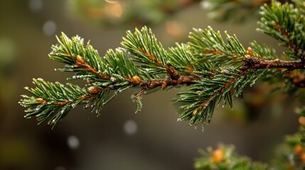 Frosty pine branch, winter forest, snowfall, close-up, nature