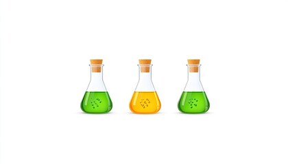 Three laboratory flasks filled with colorful liquids, showcasing chemical reactions in a clean setting