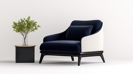 Light Gray Velvet Armchair and Green Plant in Living Room Interior with Blue Pillow and Coffee Table on White Wall Background