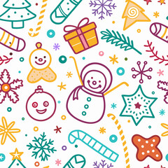 Naklejka premium Colorful Christmas doodle seamless pattern. (8)