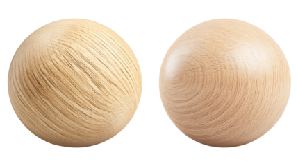 Two wooden spheres showing different wood grain textures.