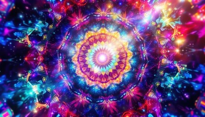 Vibrant kaleidoscope mandala with psychedelic colors and intricate patterns