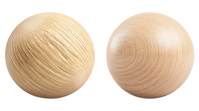 Two wooden spheres showing different wood grain textures.