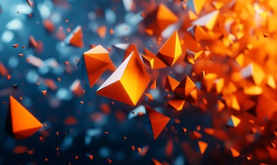 Abstract 3D rendering of scattered low-poly shards. Sharp angular surfaces in dynamic arrangement. Sci-fi design., Generative AI