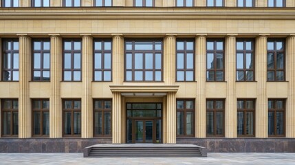 Obraz premium International court facade with grand architecture and flagpoles, symbolizing justice and global cooperation in resolving disputes.