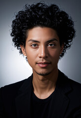 Obraz premium Portrait of a young man with dark skin, curly hair and a neat haircut in a black sweater. Neutral gray background.