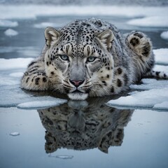 Obraz premium A snow leopard’s elegant form perfectly mirrored in the icy stillness of a frozen lake.