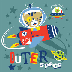 Cat astronaut flying rocket in outer space with playful 
