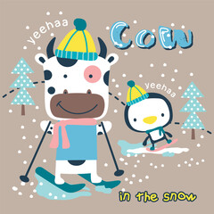 Cow and penguin skiing in the snow with playful expressions and winter accessories. Winter sports concept
