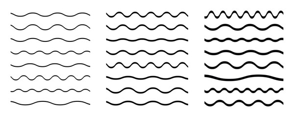 Wave line and wavy zigzag pattern lines. Vector black underlines, Geometric decoration element. smooth end squiggly horizontal, squiggles on white background.