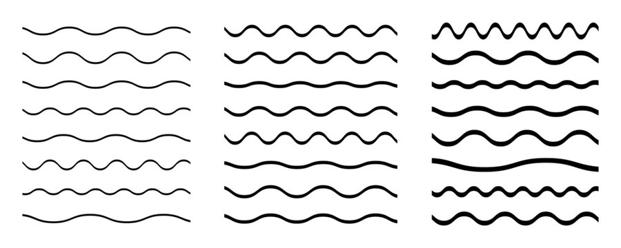 Wave line and wavy zigzag pattern lines. Vector black underlines, Geometric decoration element. smooth end squiggly horizontal, squiggles on white background.