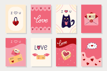 Happy Valentine's Day Cards large collection. 8 Simple cute greeting cards on pink and beige background. Vector illustration