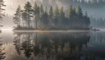Lake surface reflecting a misty forest at sunrise, sunlight, photography, lake