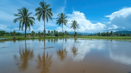 Tranquil flooded rice paddy with palm trees, reflecting in calm water under a blue sky. Perfect for illustrating serenity, agriculture, or climate change impact.