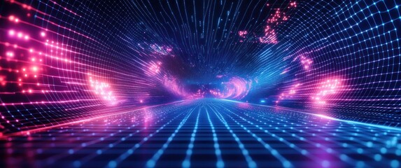 Naklejka premium Futuristic Cyber Landscape with Glowing Wireframe Structure and Neon Lights in a Virtual Reality Environment