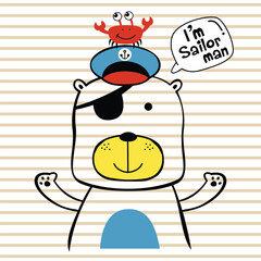Cartoon bear sailor with eyepatch and crab on hat against striped background. Children's nautical character concept
