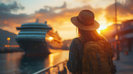 Traveler enjoying sunset views near cruise ship port city photography urban setting back view exploration