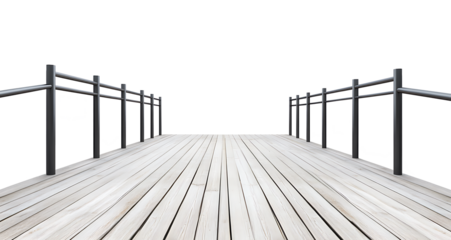 Empty wooden bridge with red walls. Perspective view.